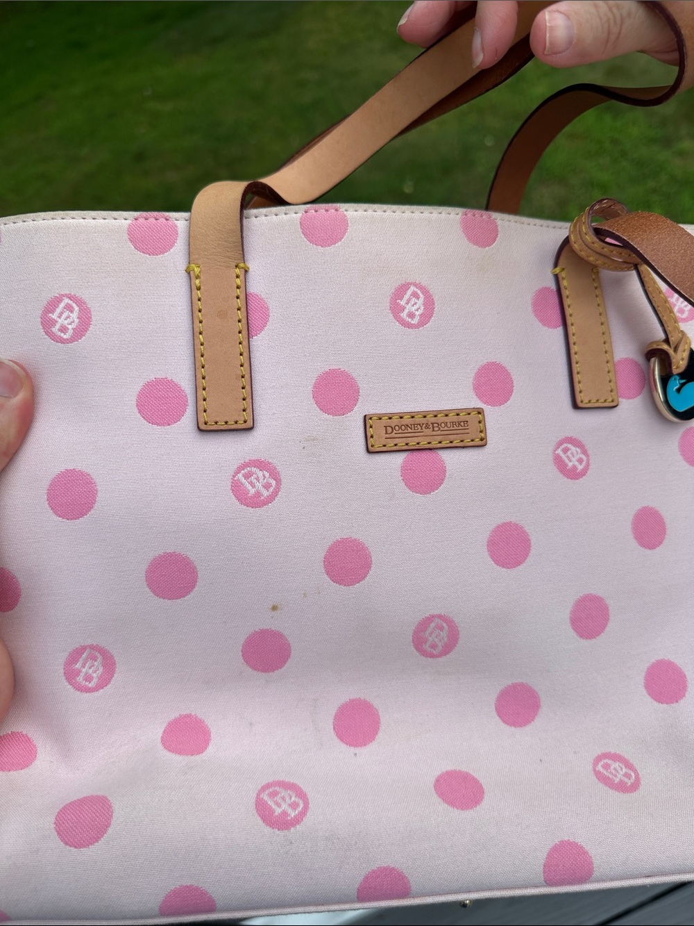 Dooney & Bourke East/West Pink Polka Dot Tote Bag with Tan Straps - Picture 9 of 15
